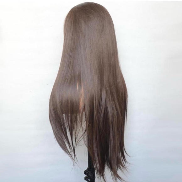 human hair blend lace front brown straight wig. main image 4